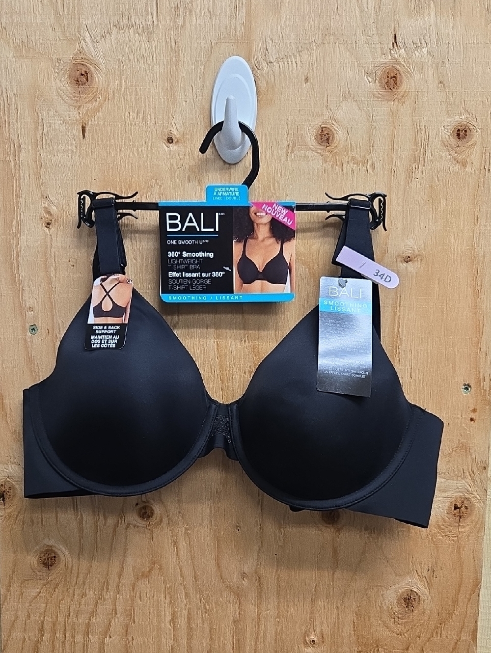 Bali Size 34D Black One Smooth U Lightweight T-Shirt Bra